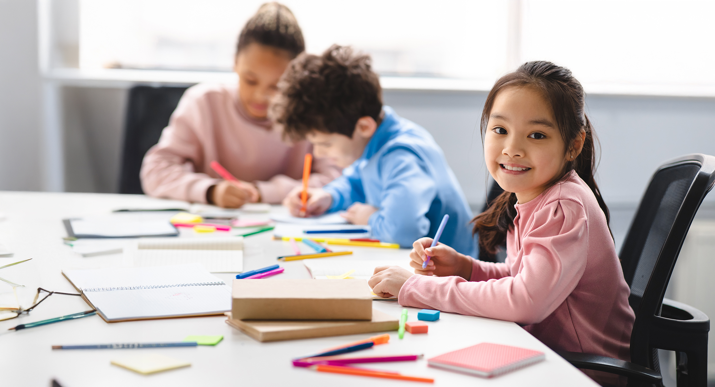 Academic,Concept.,Smiling,Junior,Asian,School,Girl,Sitting,At,Desk